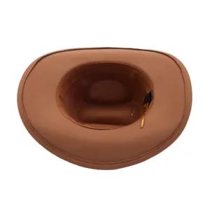 Brown felt jazz hat interior detail showing wide brim and lining construction for retro cowboy style.