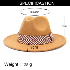 Klassieke kaki fedora hoed met patroonband, hoofd omtrek 56-58cm, detailweergave.