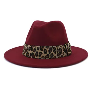 Burgundy felt fedora hat with stylish leopard print band, autumn winter flat brim hat.