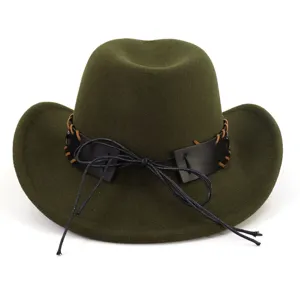 Grüner Wollfilz Western Cowboy Hut mit Lederband und Kordel Detailansicht für Damen