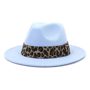 Detailed view of light blue wool felt fedora hat featuring a chic leopard print ribbon.