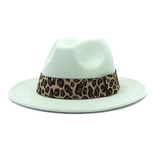 Mint green wool fedora hat with leopard print band, stylish wide brim fashion hat.