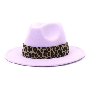 Detailed view of the stylish lavender wool fedora hat featuring a chic leopard print band.