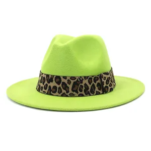 Green fedora hat with leopard band, wool felt jazz hat, stylish wide brim fashion accessory