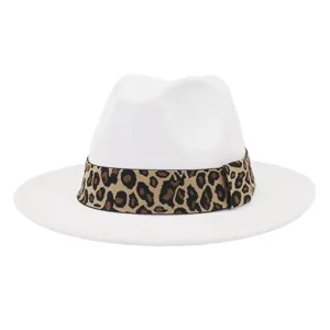 White wool fedora hat detail, elegant leopard print band, classic wide brim winter fashion.