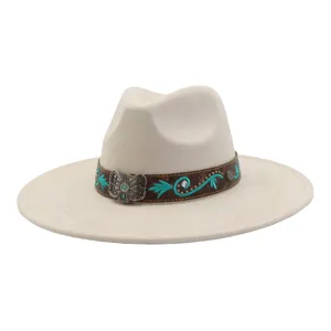 Sombrero fedora de ala ancha occidental con banda de cuero etnico, sombrero de jazz de ante