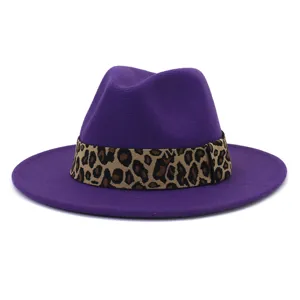 Detailed view of the purple wool fedora hat featuring a stylish leopard print band.