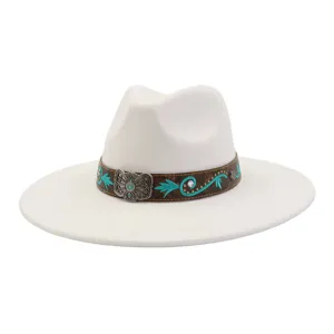 Sombrero fedora de fieltro de ala ancha estilo western con bordado turquesa y hebilla metal.
