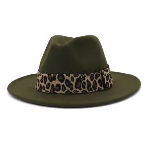 Wool fedora hat detail featuring stylish leopard print ribbon band and wide brim design.