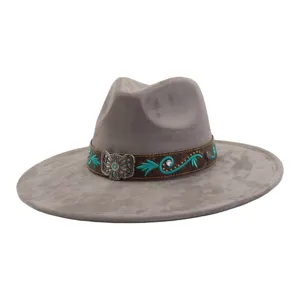 Sombrero fedora western gris de ante sintético con cinta de cuero vintage y bordado turquesa.