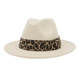 Classic wool fedora hat with leopard print band, chic wide brim style for autumn and winter.