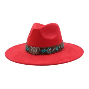 Sombrero fedora western de ante rojo para hombre y mujer, ala ancha con cinta étnica.