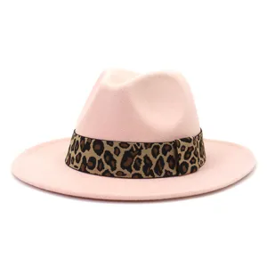 Pink felt fedora hat with leopard print ribbon, elegant wide brim jazz hat for women autumn.