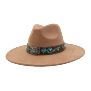 Sombrero fedora western de fieltro para hombre y mujer, ala ancha plana con cinta de cuero.