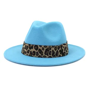 Light blue wool fedora hat with leopard print band wide brim vintage autumn winter headwear