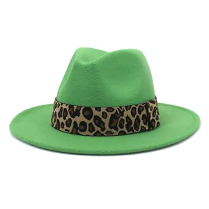 Green wool fedora hat detail, stylish leopard print band, autumn winter fashion flat brim cap.