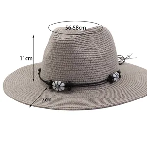 Unisex wide brim straw sun hat with black rope and flower beads, perfect for summer outdoor beach.