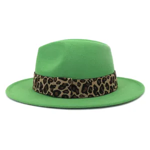 Green wool fedora hat with leopard print band, classic British style winter hat for men women.