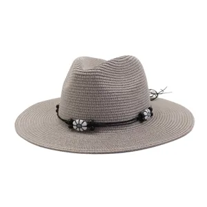 Unisex Summer Straw Hat Wide Brim Sun Beach Panama Hat With Beaded String Casual Outdoor Sun Protection Headwear