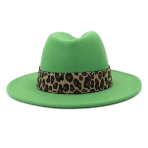 Green felt fedora hat detail, stylish leopard print band accent for fashion autumn and winter.