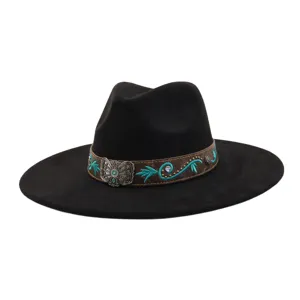 Sombrero fedora negro de ala ancha con banda de cuero étnica bordada y hebilla metálica vintage