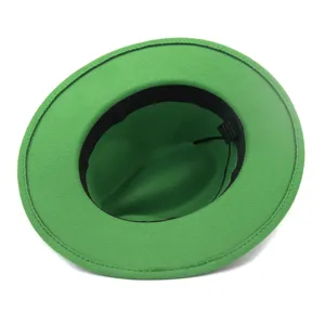 Green felt fedora hat interior detail view, classic brit style wide brim jazz hat for autumn and winter.