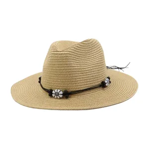 Summer straw sun hat for men and women wide brim beach hat with stylish beaded decorative band.