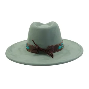 Sombrero de fieltro verde salvia de ala ancha, elegante banda de cuero bordada y lazo.