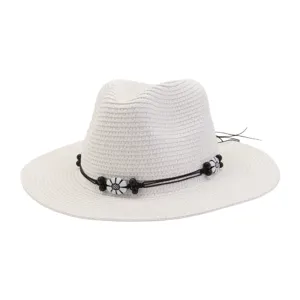 White straw fedora hat detail, summer sun protection beach hat with black bead floral band.