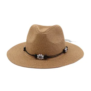 Summer straw sun hat for men and women, 7cm wide brim beach hat with beaded decor.