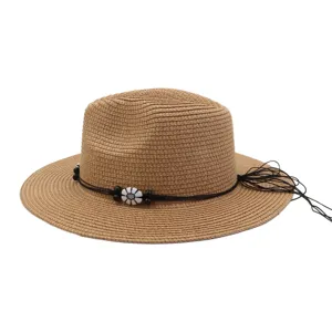 Summer outdoor wide brim straw hat sun beach sunshade hat with beads decor