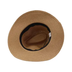 Detail view of a stylish brown woven straw sun hat with black inner band, perfect for outdoor summer wear.