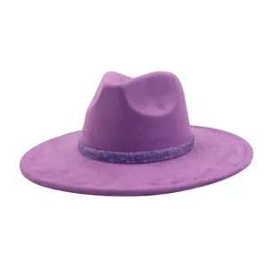 Purple suede fedora hat with sparkling rhinestone band, stylish wide brim jazz cap for adults.