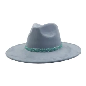 Grey suede fedora hat with sparkling crystal beaded band, wide brim fashion headwear for men