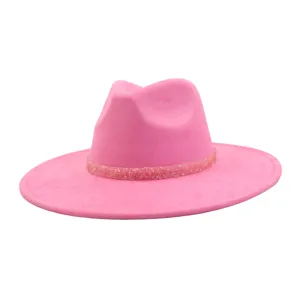 Pink faux suede fedora hat with beaded band wide flat brim jazz cap for women and men stylish