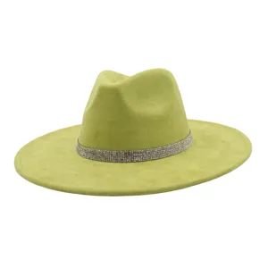 Stylish green suede fedora hat for men and women, featuring a sparkling rhinestone decorative band.