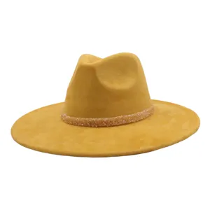 Detail shot of wide brim suede fedora hat with sparkly beaded band for stylish daily wear.