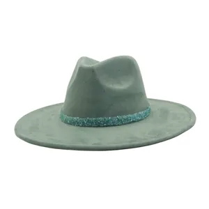 Unisex Wide Brim Fedora Hat Faux Suede Vintage Jazz Hat With Rhinestone Band Classic Winter Warm Sun Hat For Men Women