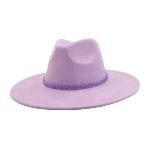 Purple suede fedora hat with sparkly band detail, wide brim stylish gentleman hat for adults.
