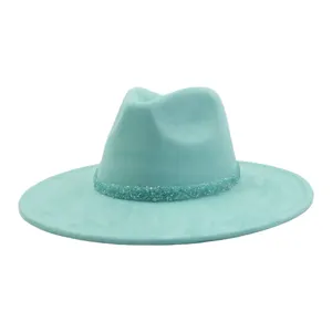 Suede wide brim fedora hat with sparkly beaded band for men and women couple stylish cap.