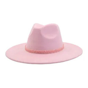 Pink suede fedora hat detail view, stylish wide brim fashion hat for women and men.
