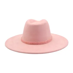 Pink suede fedora hat with glitter band wide brim flat top hat for women and men stylish
