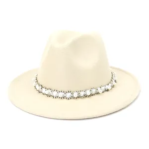 Beige felt fedora hat featuring an elegant pearl beaded band for women autumn and winter style.