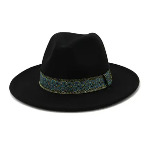 Klassieke zwarte wollen fedora hoed met elegante blauw-gouden geweven band voor stijl.