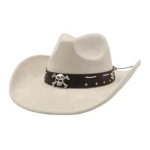 Retro suede cowboy hat with metallic skull accent, wide brim fedora for men and women.