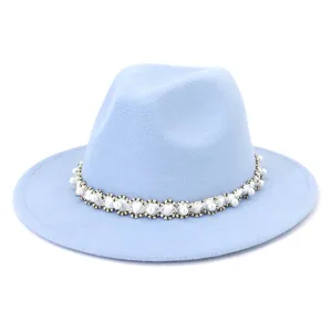 Light blue wool fedora hat for women, elegant pearl and bead trim wide brim jazz bowler.