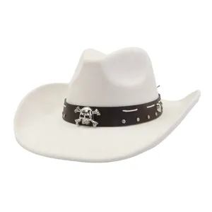 White suede cowboy hat featuring dark brown leather band and metallic skull and crossbones.