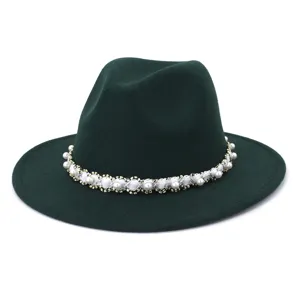 Dark green felt fedora hat for women with elegant pearl beaded band for autumn and winter.