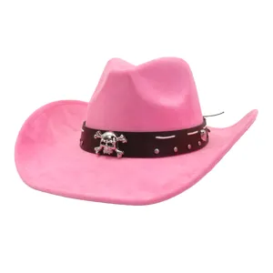 Pink Suede Cowboy Hat with Punk Metal Skull Band Western Fedora Jazz Cap for Unisex