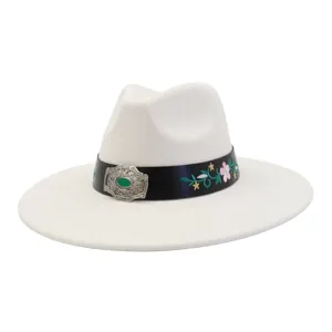 Ethnic style faux suede flat brim jazz hat with floral embroidery and vintage buckle detail.